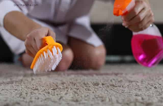 Pessoa segurando escovinha e borrifador borrifando carpete para tirar mancha